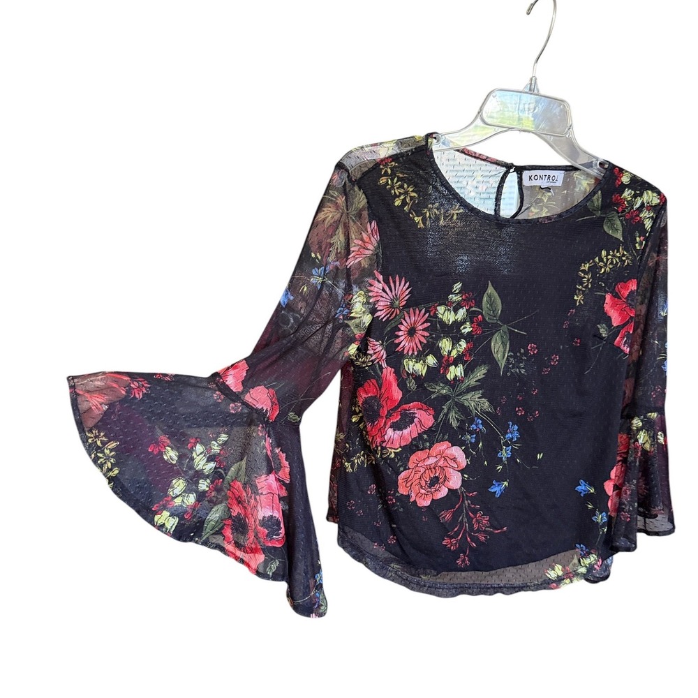Kontrol Contemporary Floral Mesh Bell Sleeve Top Black Red Blouse M Fairy Grunge